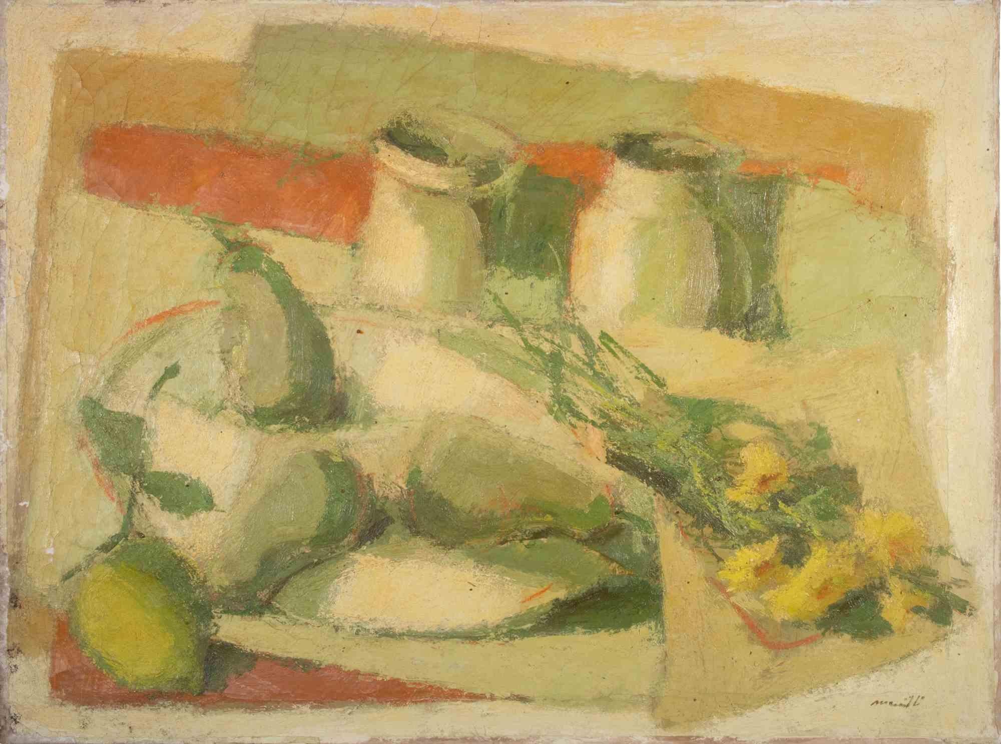 Nature morte avec cruches - Peinture à l'huile de Franco Marzilli - années 1970 en vente 1