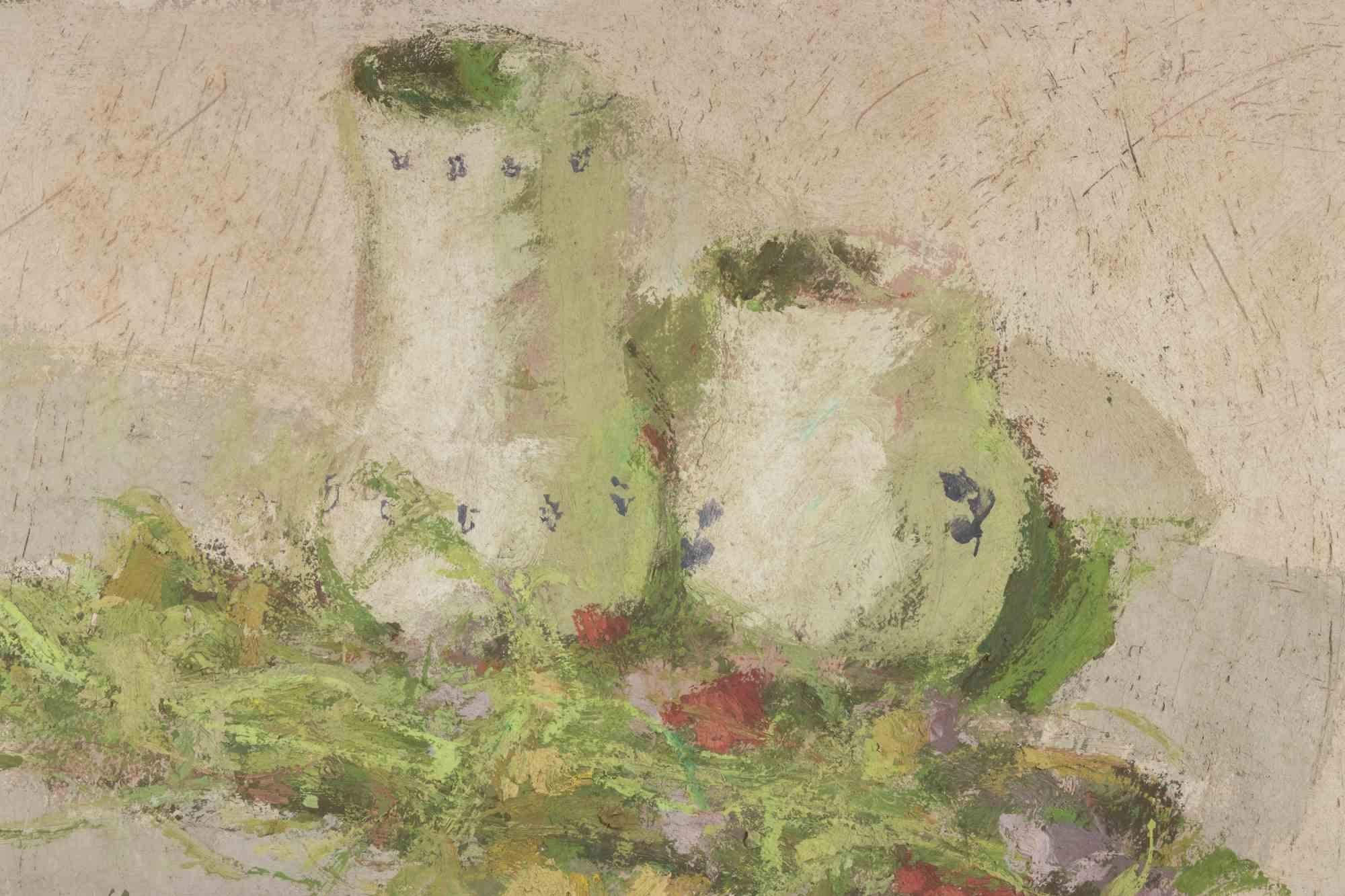Still Life with Jugs - Oil Painting by Franco Marzilli - 1970s For Sale 1