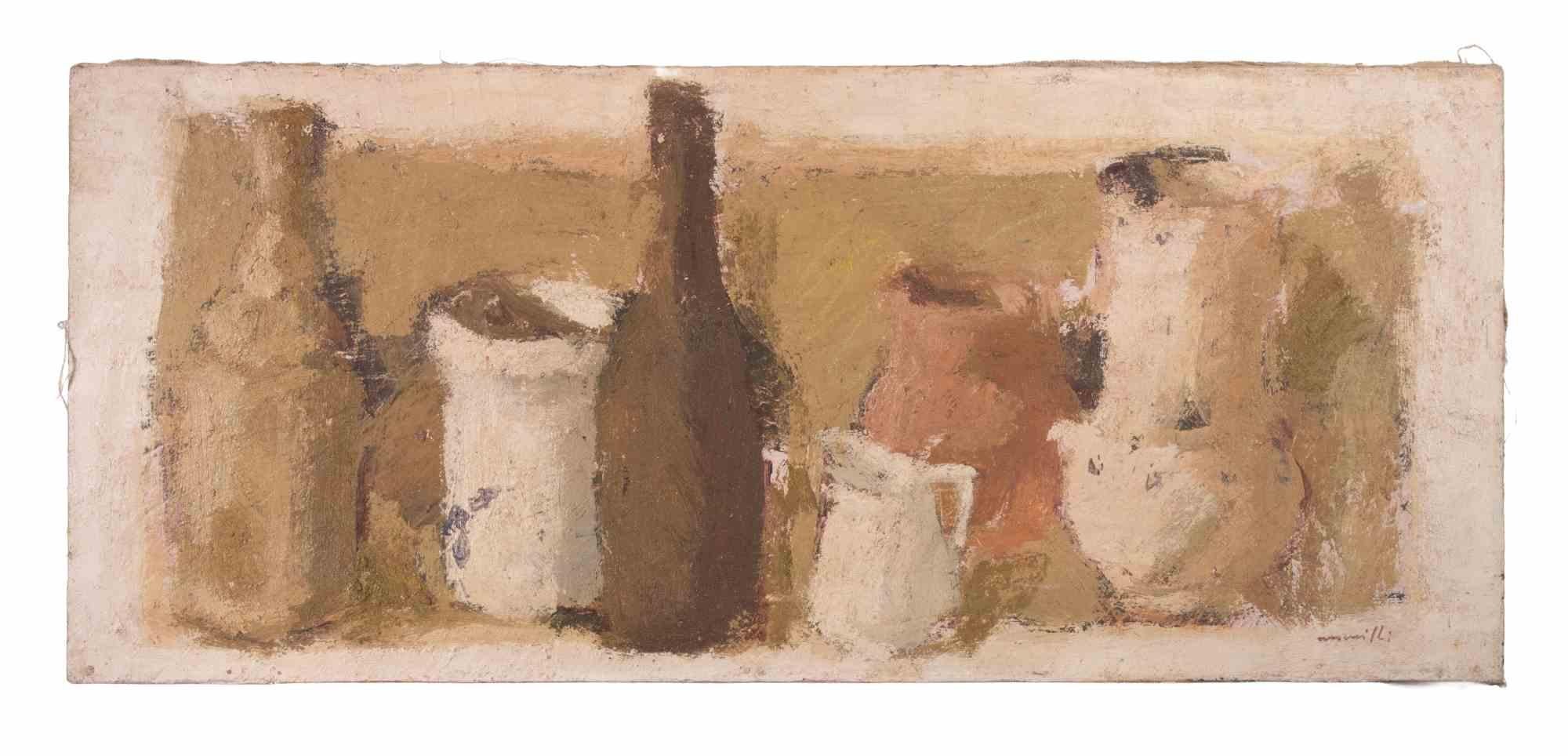 Naturaleza muerta  con Jarras, Jarrones y Botellas - Pintura de Franco Marzilli - Años 70 en venta 1