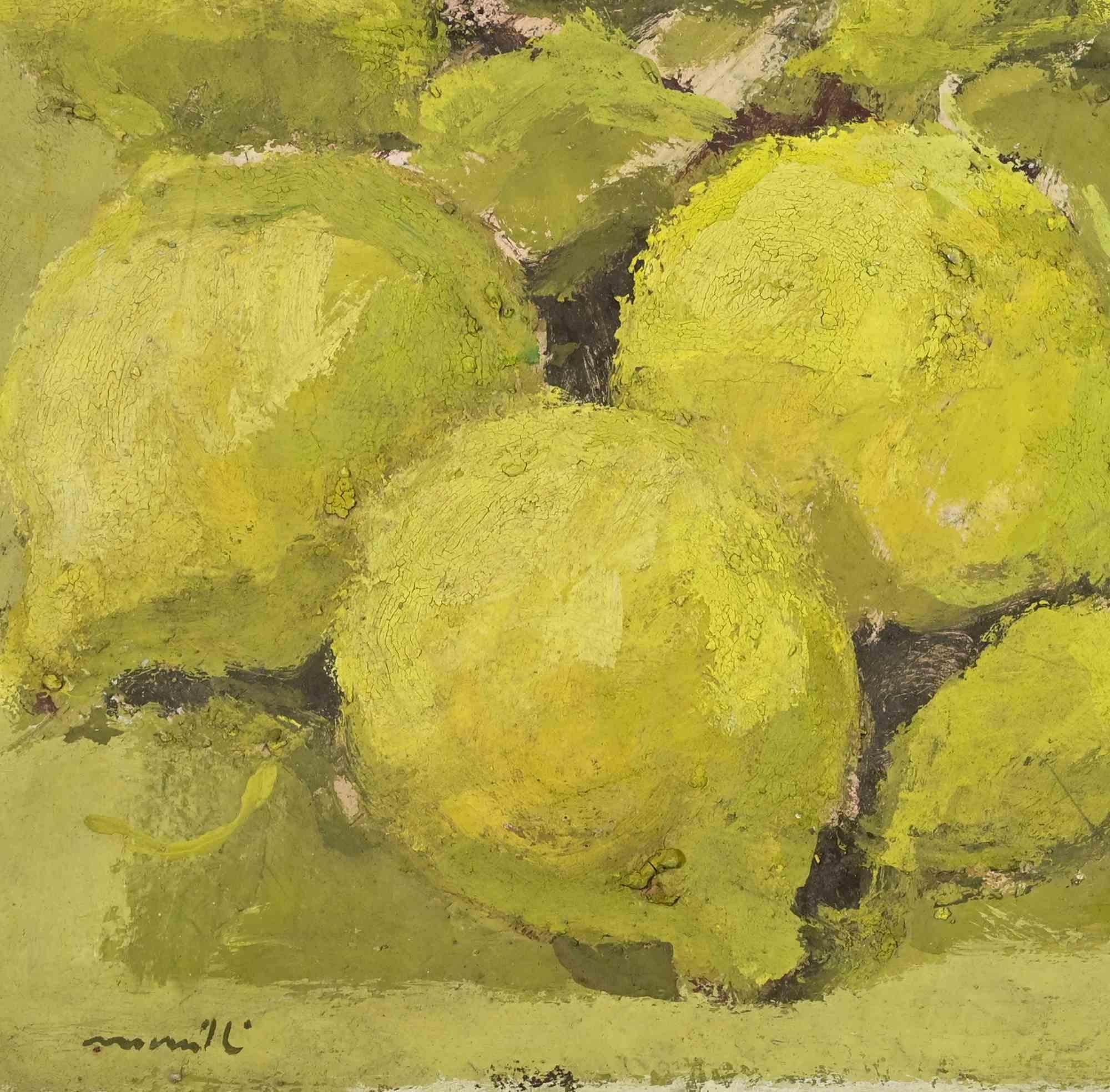 Nature morte aux citrons et aux poires - Peinture à l'huile de Franco Marzilli - années 1970 en vente 1