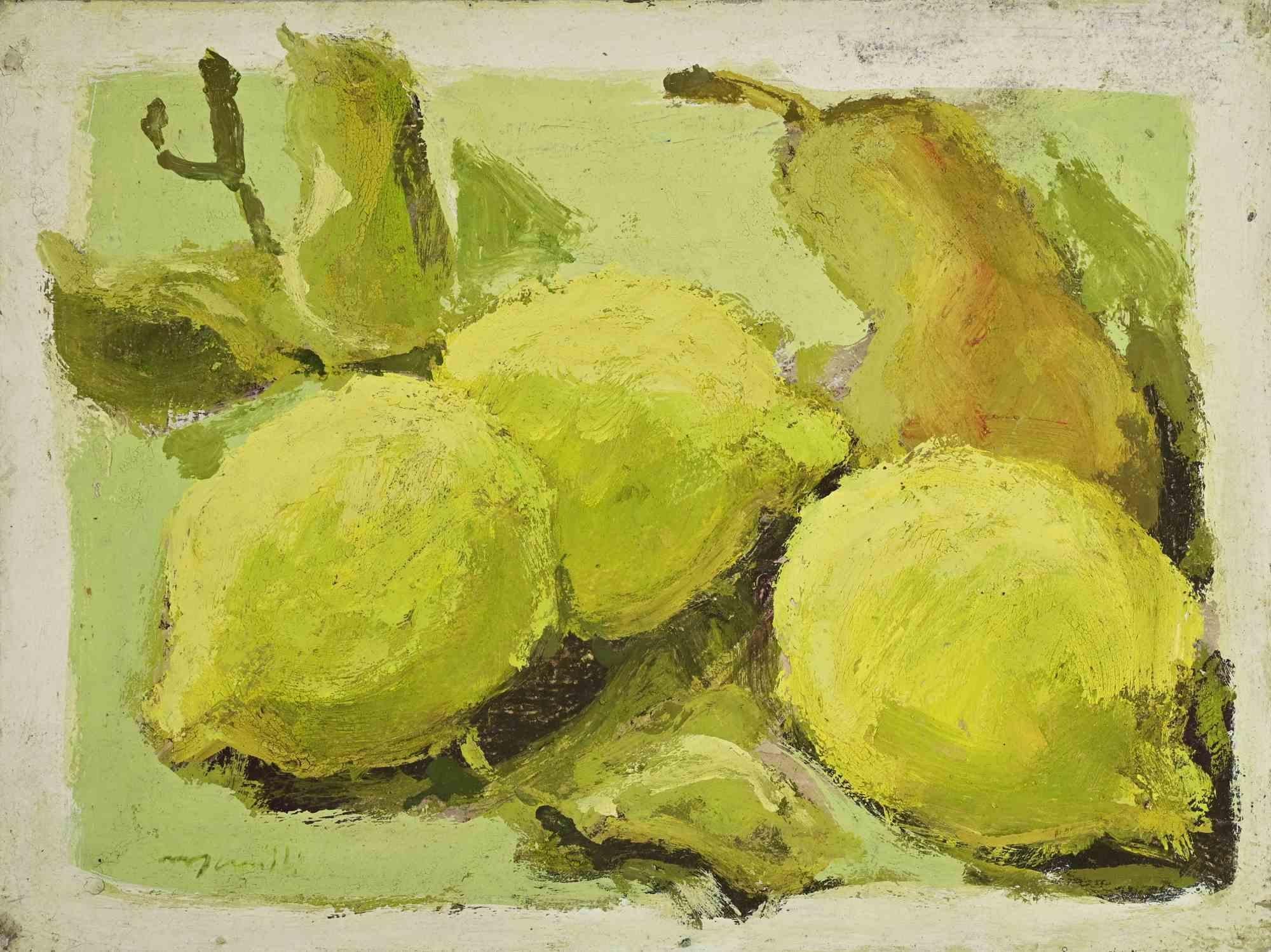 Bodegón con limones y par - Pintura al óleo de Franco Marzilli - Años 70 en venta 1