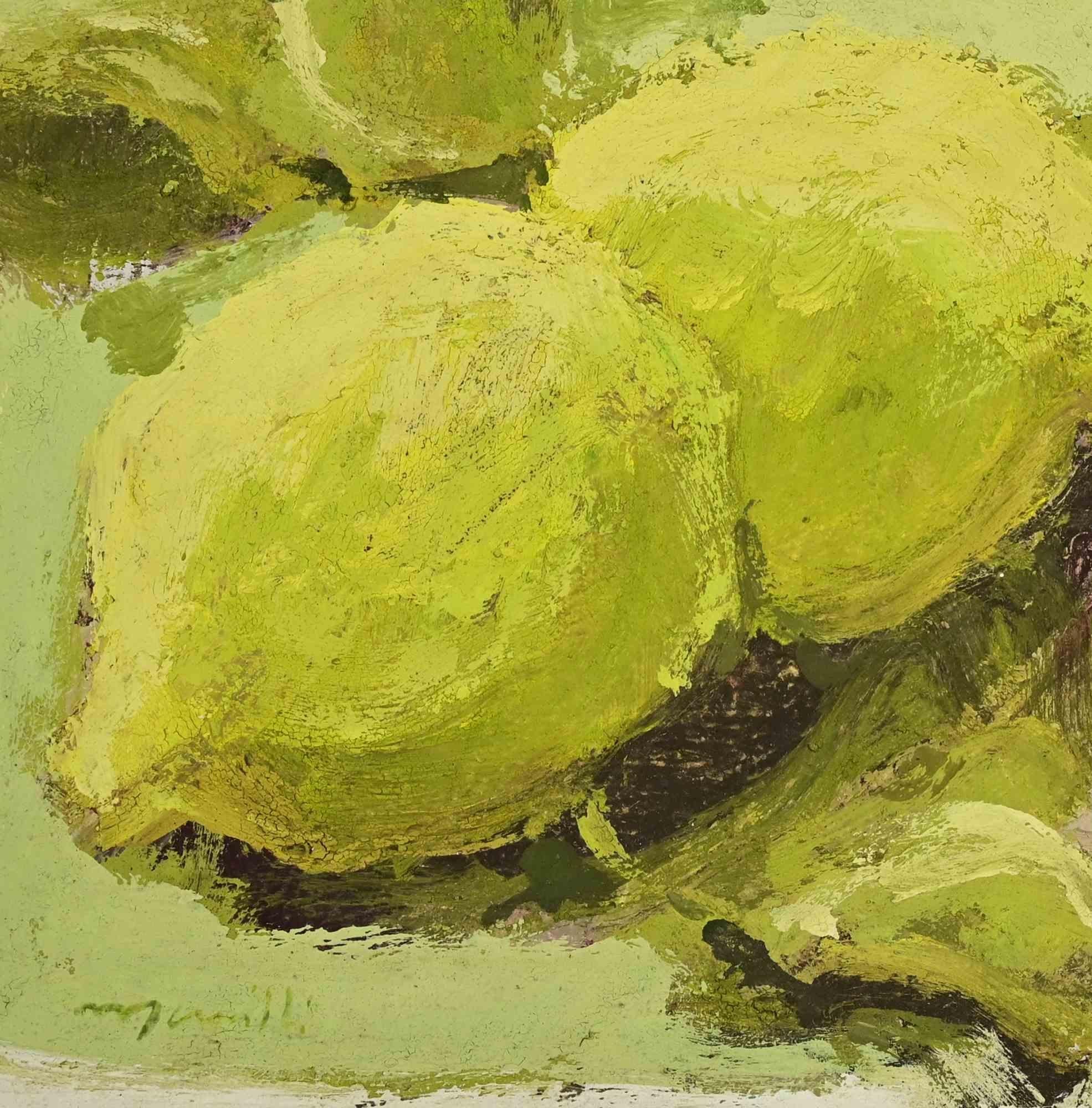 Bodegón con limones y par - Pintura al óleo de Franco Marzilli - Años 70 en venta 2
