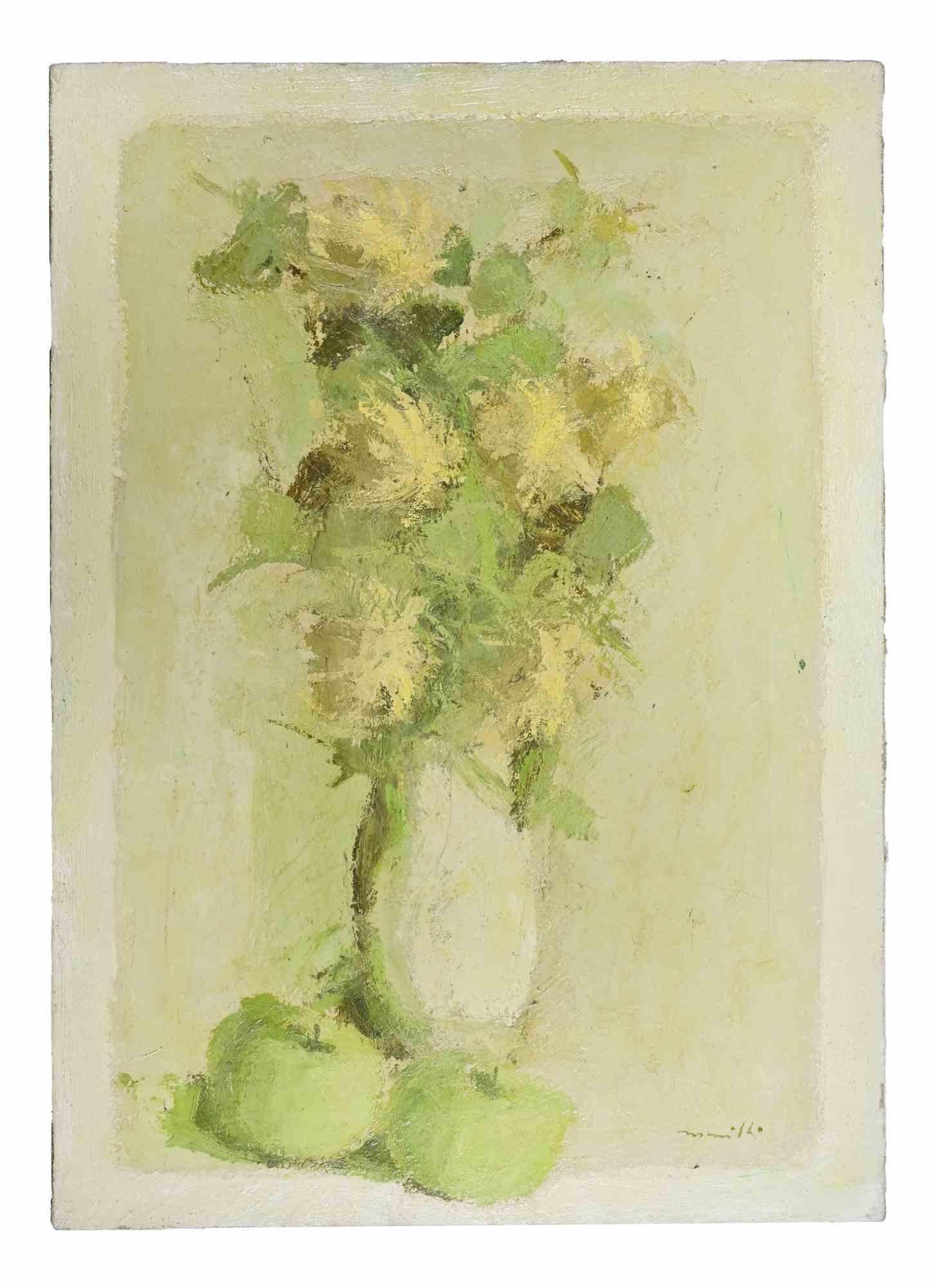 Nature morte avec vase de fleurs - Peinture à l'huile de Franco Marzilli - années 1970 en vente 1