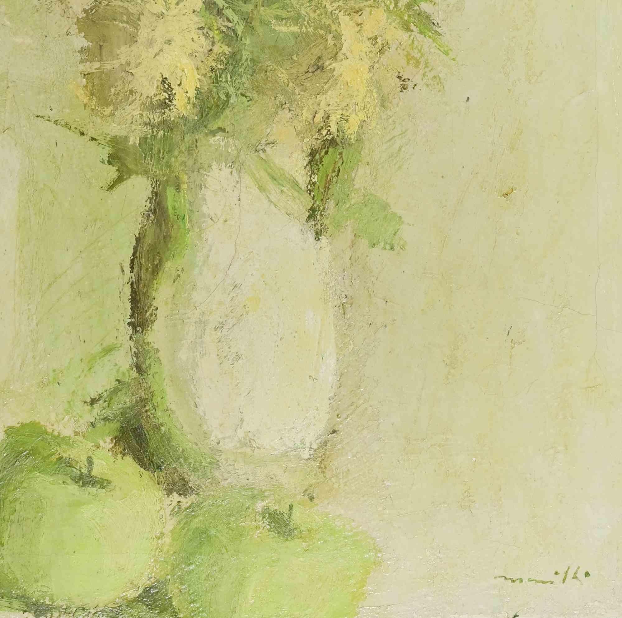 Nature morte avec vase de fleurs - Peinture à l'huile de Franco Marzilli - années 1970 en vente 2