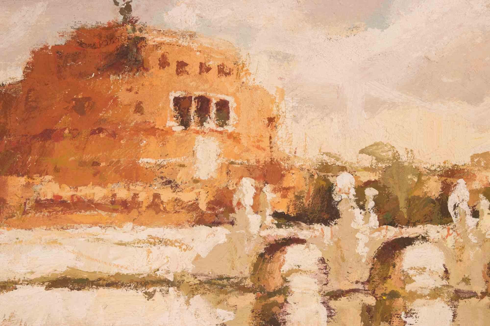 Vista del Castillo de Sant'Angelo - Pintura al óleo de Franco Marzilli - Años 70 en venta 2