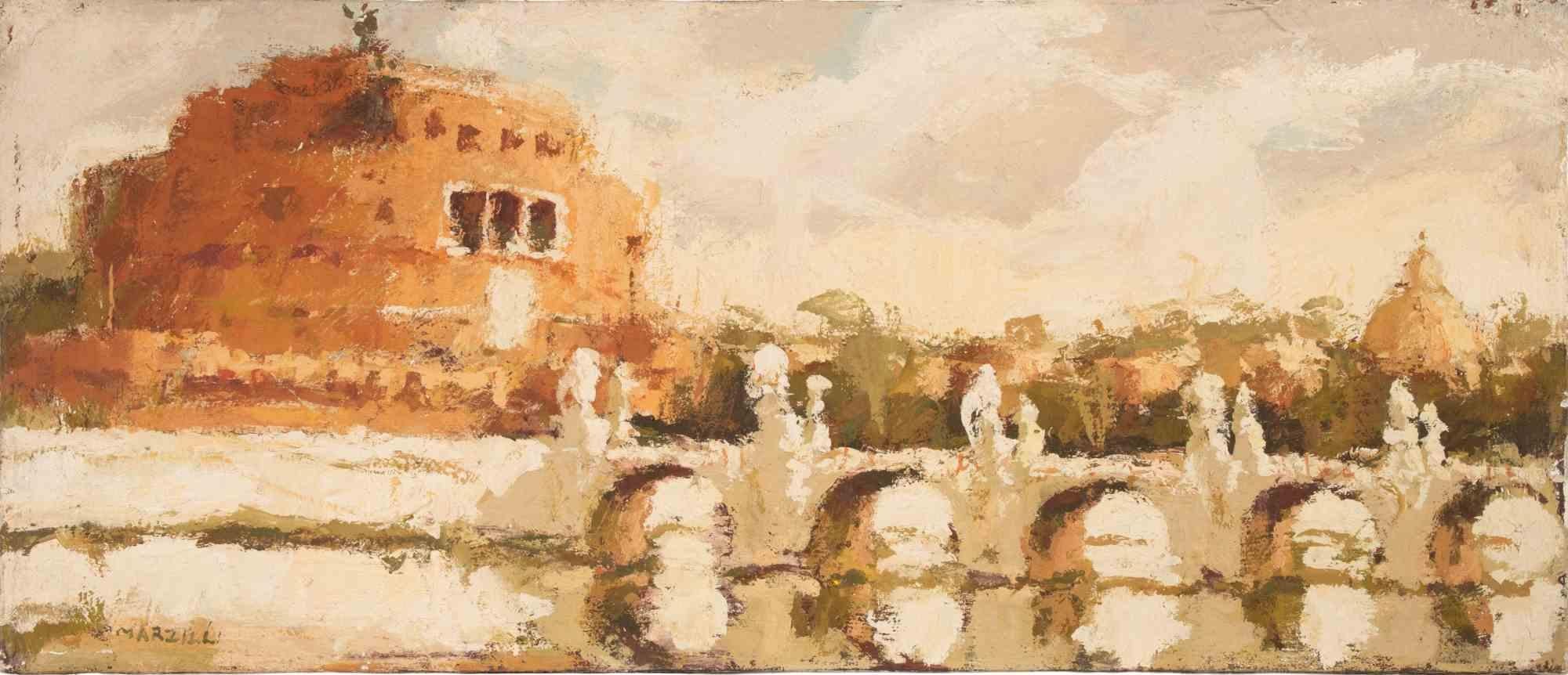Óleo sobre lienzo realizado por Franco Marzilli (1934-2010) en la década de 1970.

Firmado a mano abajo a la derecha.

Muy buen estado.

Franco Marzilli nació en Roma en 1934. Recibió su primera formación artística asistiendo a la Escuela