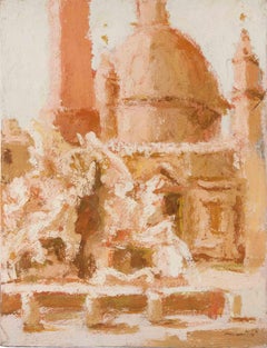 Vista de la Piazza del Popolo - Pintura al óleo de Franco Marzilli - Años 70