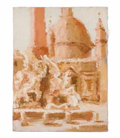 View of Piazza del Popolo - Oil Painting by Franco Marzilli - 1970s