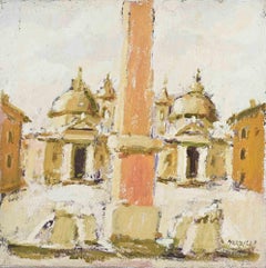 Vista de la Piazza del Popolo, Roma - Pintura al óleo de Franco Marzilli - Años 70