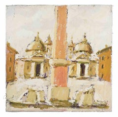 Veduta di Piazza del Popolo, Roma - Pittura ad olio di Franco Marzilli - Anni '70