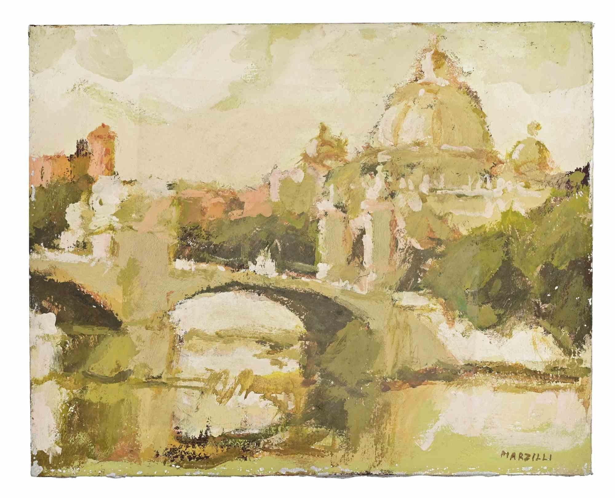 View of Rome - Oil Painting by Franco Marzilli - 1970s For Sale 1