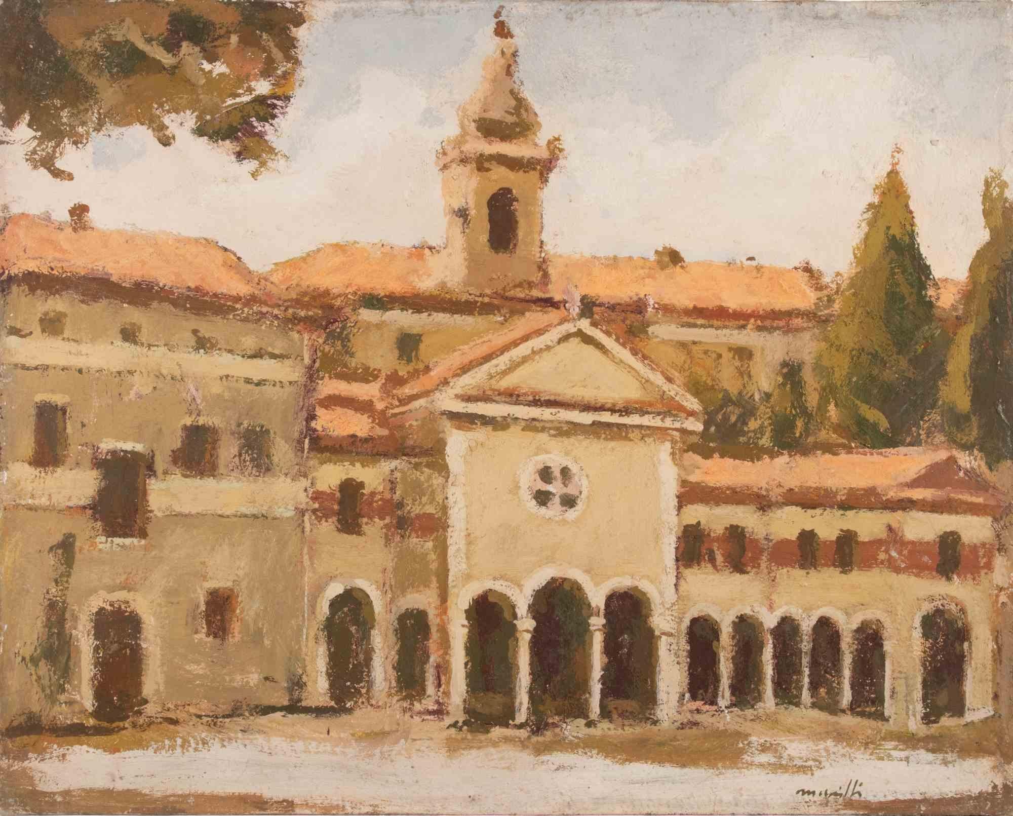 View of Santuario della Madonna... - Oil Painting by Franco Marzilli - 1970s For Sale 1
