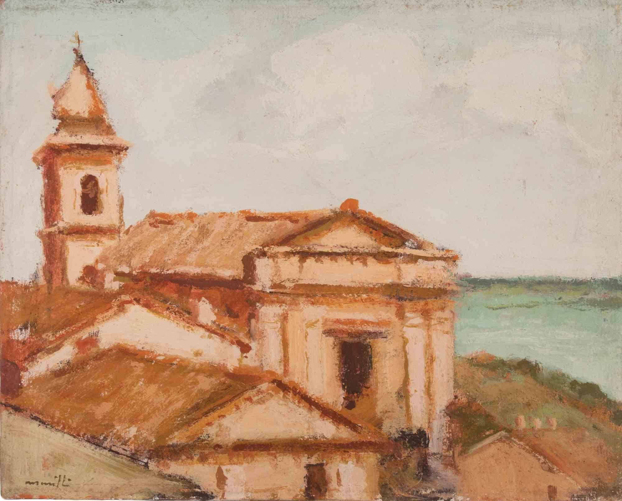 Vista de la iglesia - Pintura al óleo de Franco Marzilli - Años 70 en venta 1