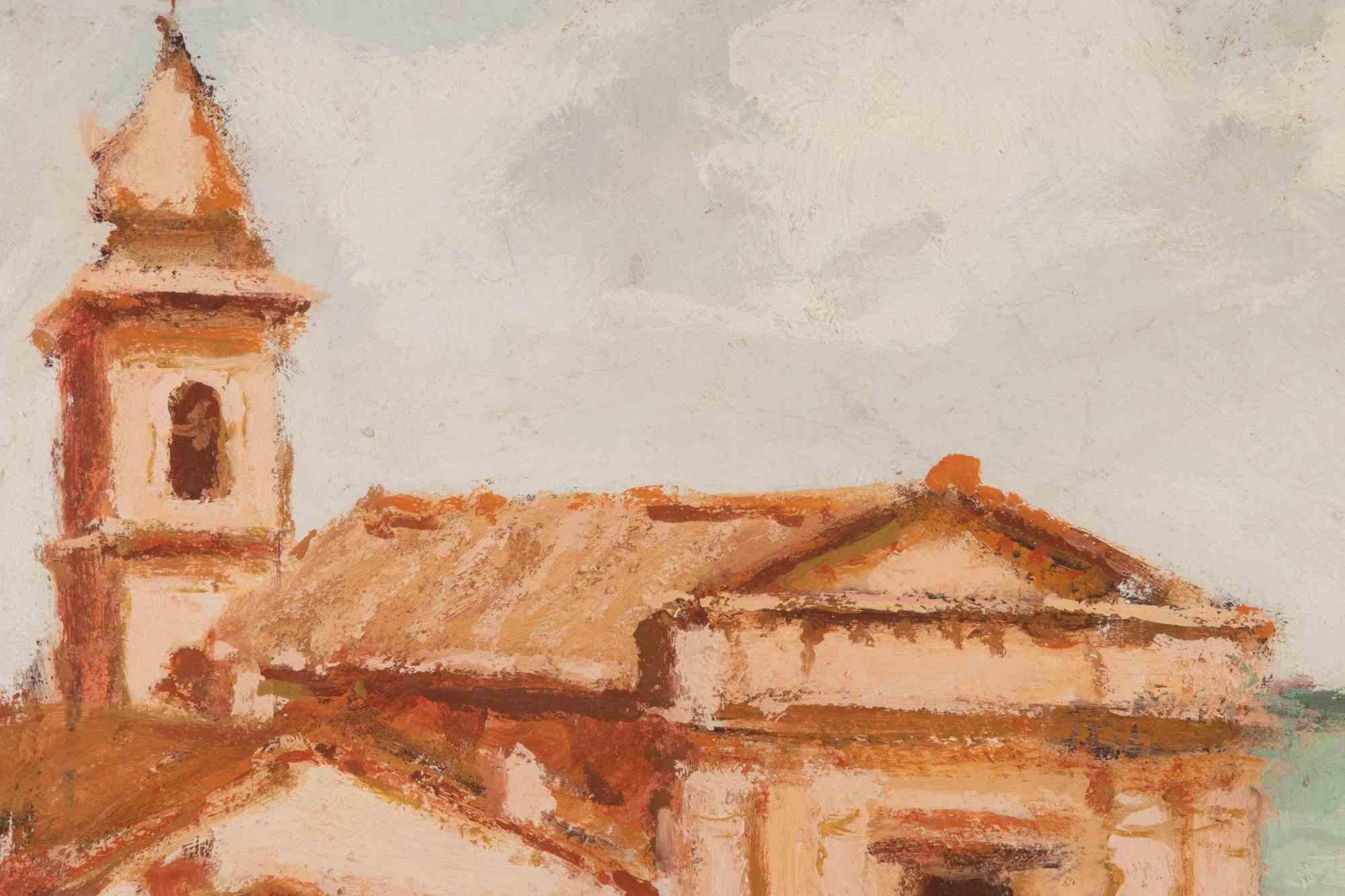 Vista de la iglesia - Pintura al óleo de Franco Marzilli - Años 70 en venta 2