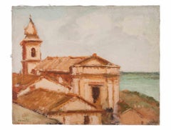 Veduta della chiesa - Pittura a olio di Franco Marzilli - Anni '70