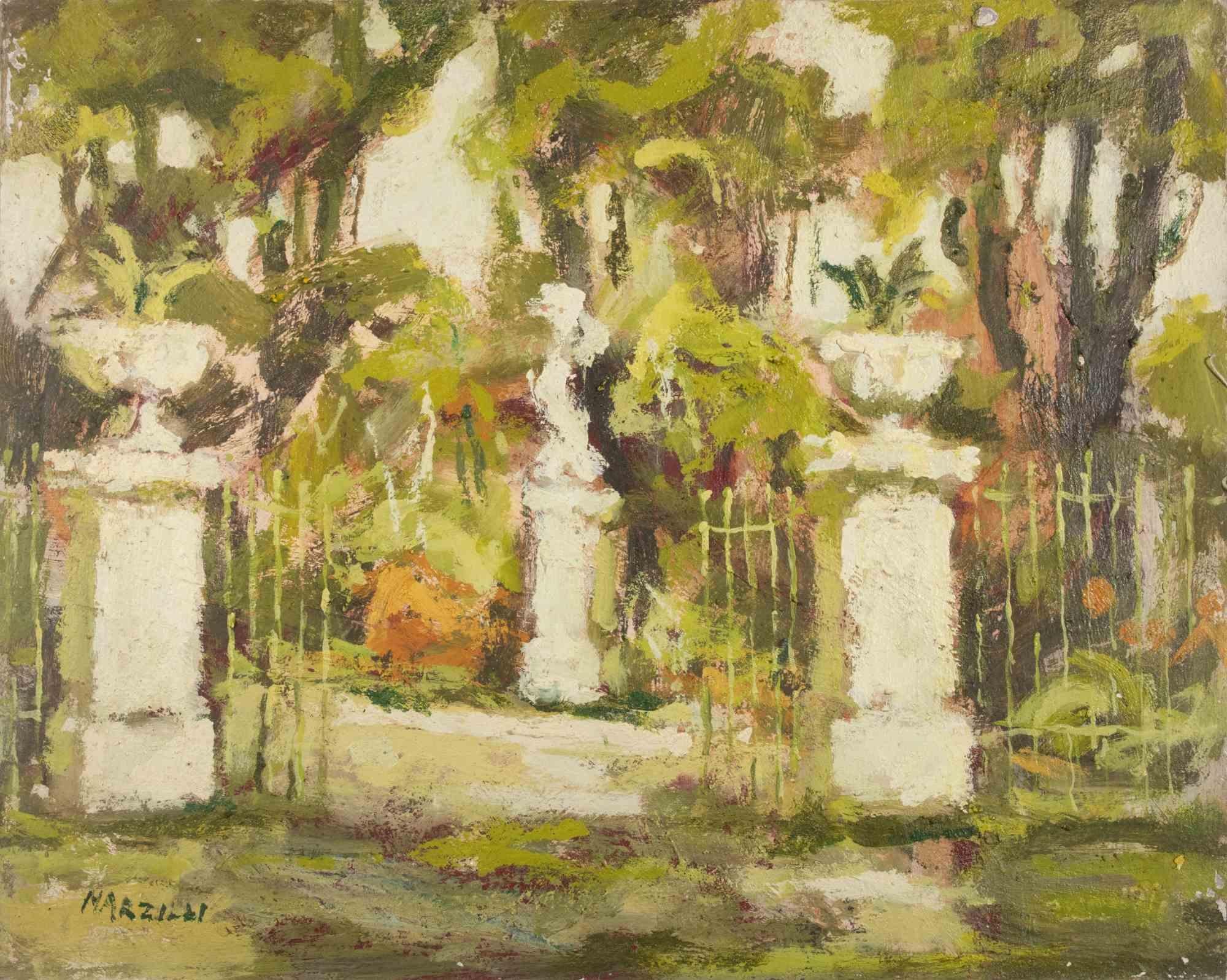 Blick auf den Park - Ölgemälde von Franco Marzilli - 1970er Jahre im Angebot 1