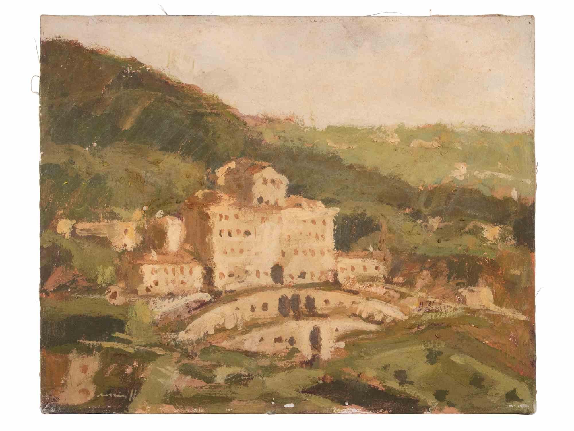 View of Villa Aldobrandini - Frascati - Oil Painting by Franco Marzilli - 1970s