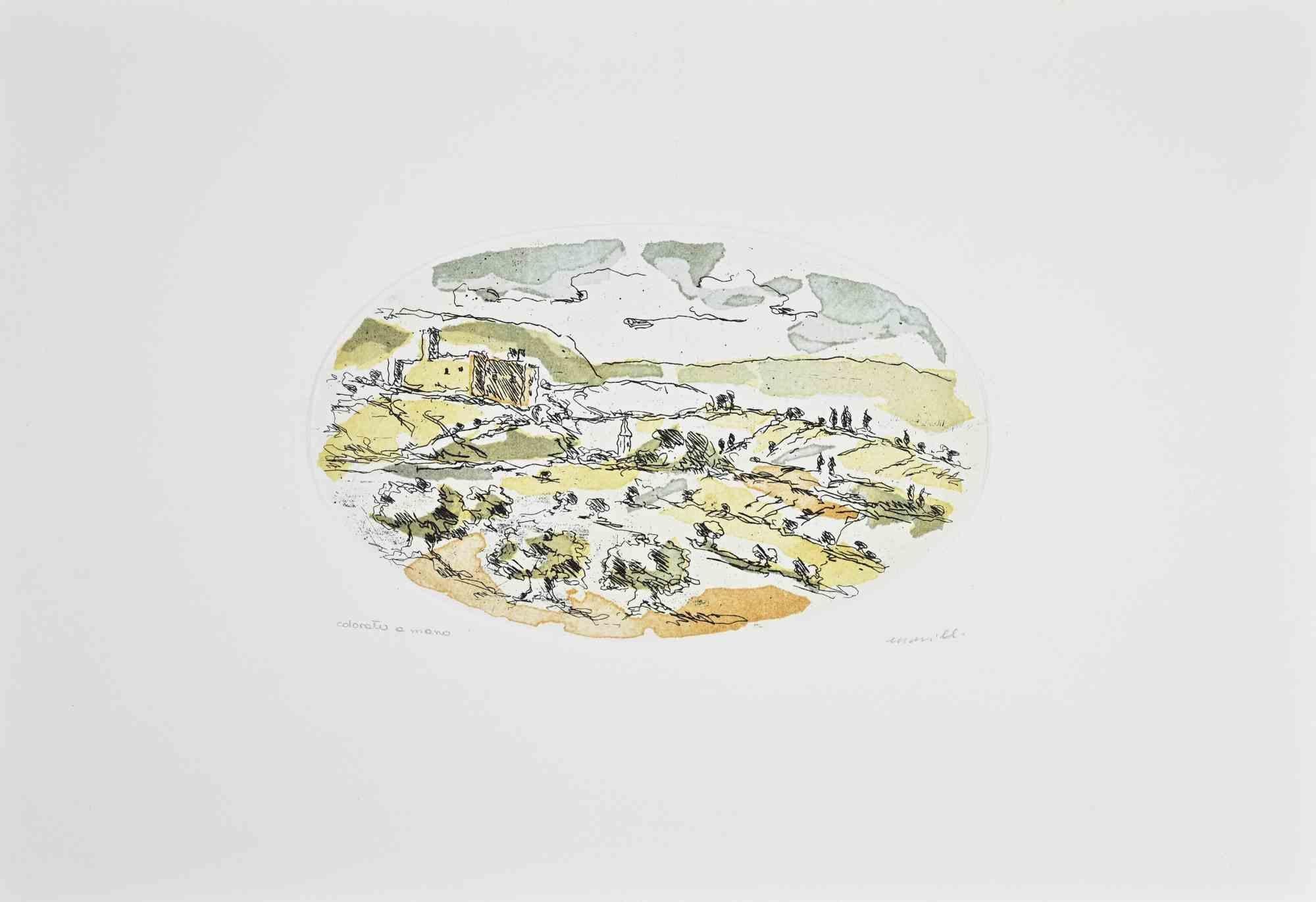 Etching hand colored realized by Franco Marzilli. 

Hand signed and unnumbered.

Very Good condition.

This delicate etching by Italian artist Franco Marzilli captures the lyricism of the Mediterranean landscape with refined simplicity. The