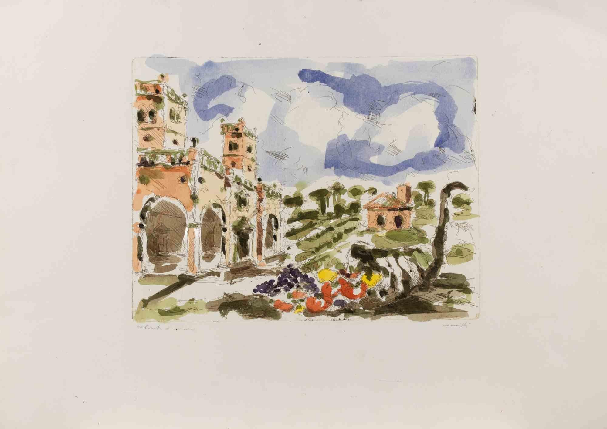 Etching, hand colored.

Hand signed in pencil.

Not numbered.

Very good condition.