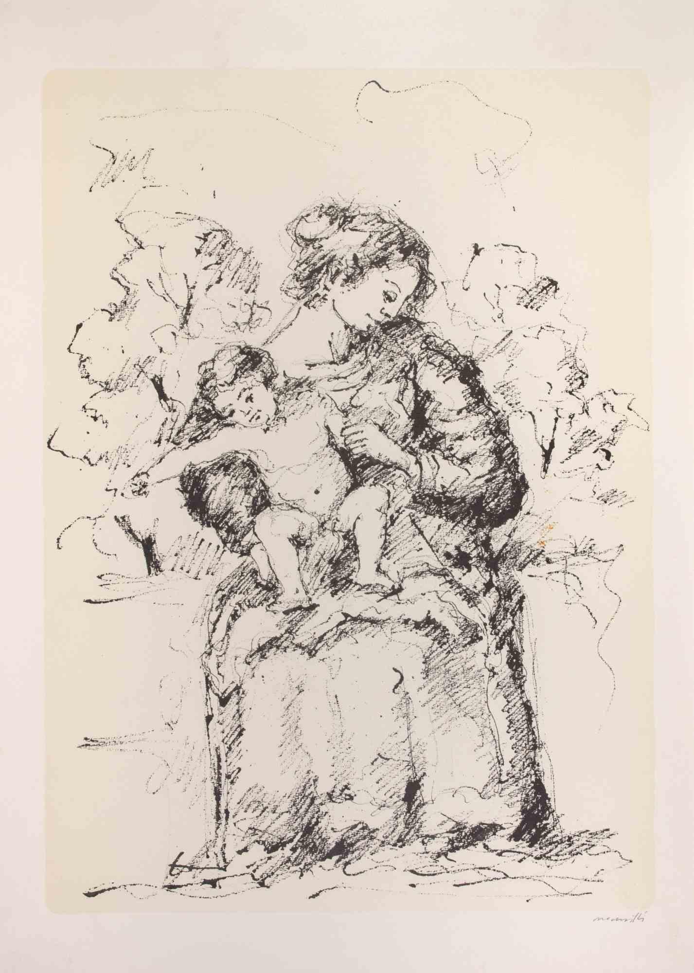 Mother and Child - Lithograph by Franco Marzilli - 1980s For Sale 1