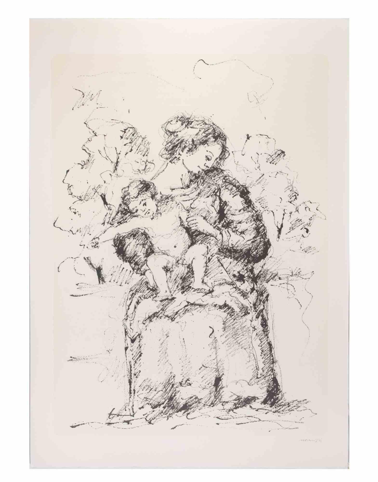 Mother and Child - Lithograph by Franco Marzilli - 1980s For Sale 1