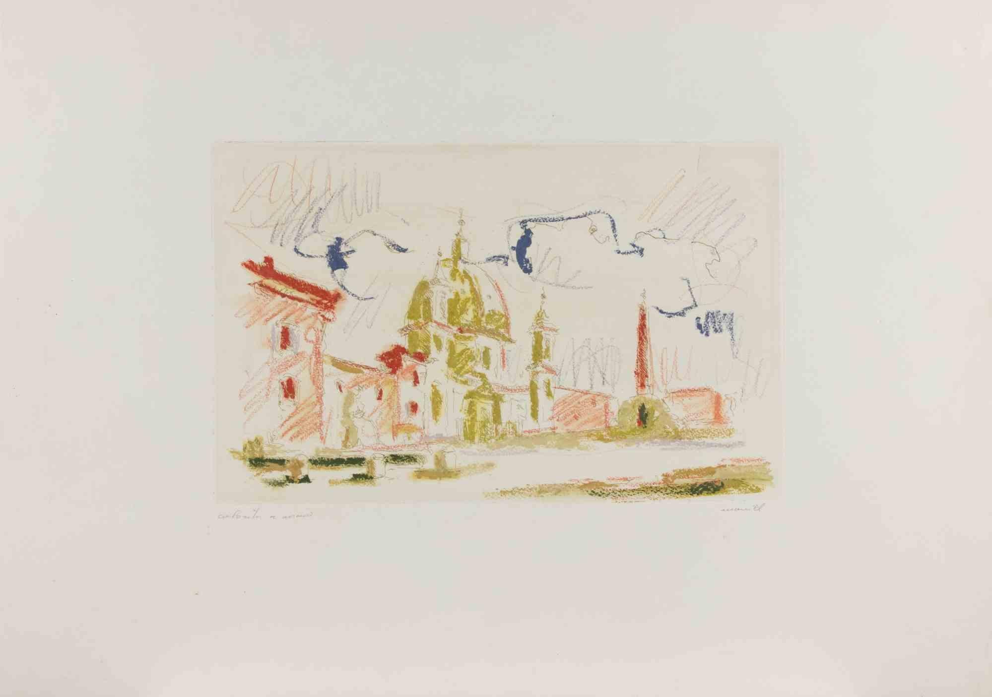 View of Saint Peter - Etching by Franco Marzilli - 1980s