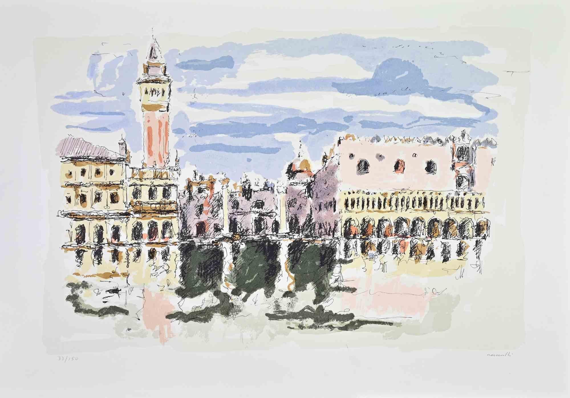 View of Venice - Lithograph by Franco Marzilli - 1980s
