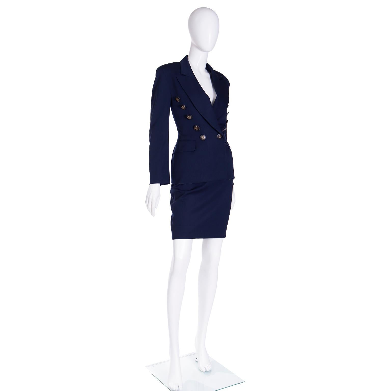 Black Franco Moschino 1990s Moschino Couture! Skirt Jacket Suit w Hermes Spoof Buttons For Sale
