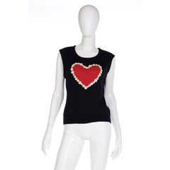 Franco Moschino 1990s Vintage Black Knit Sleeveless Top w Red Heart & Buttons