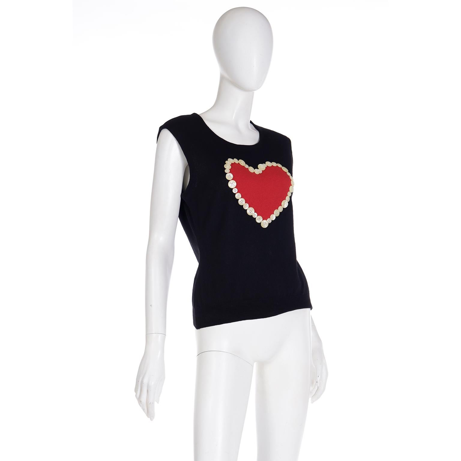 Franco Moschino 1990s Vintage Black Knit Sleeveless Top w Red Heart & Buttons In Excellent Condition For Sale In Portland, OR