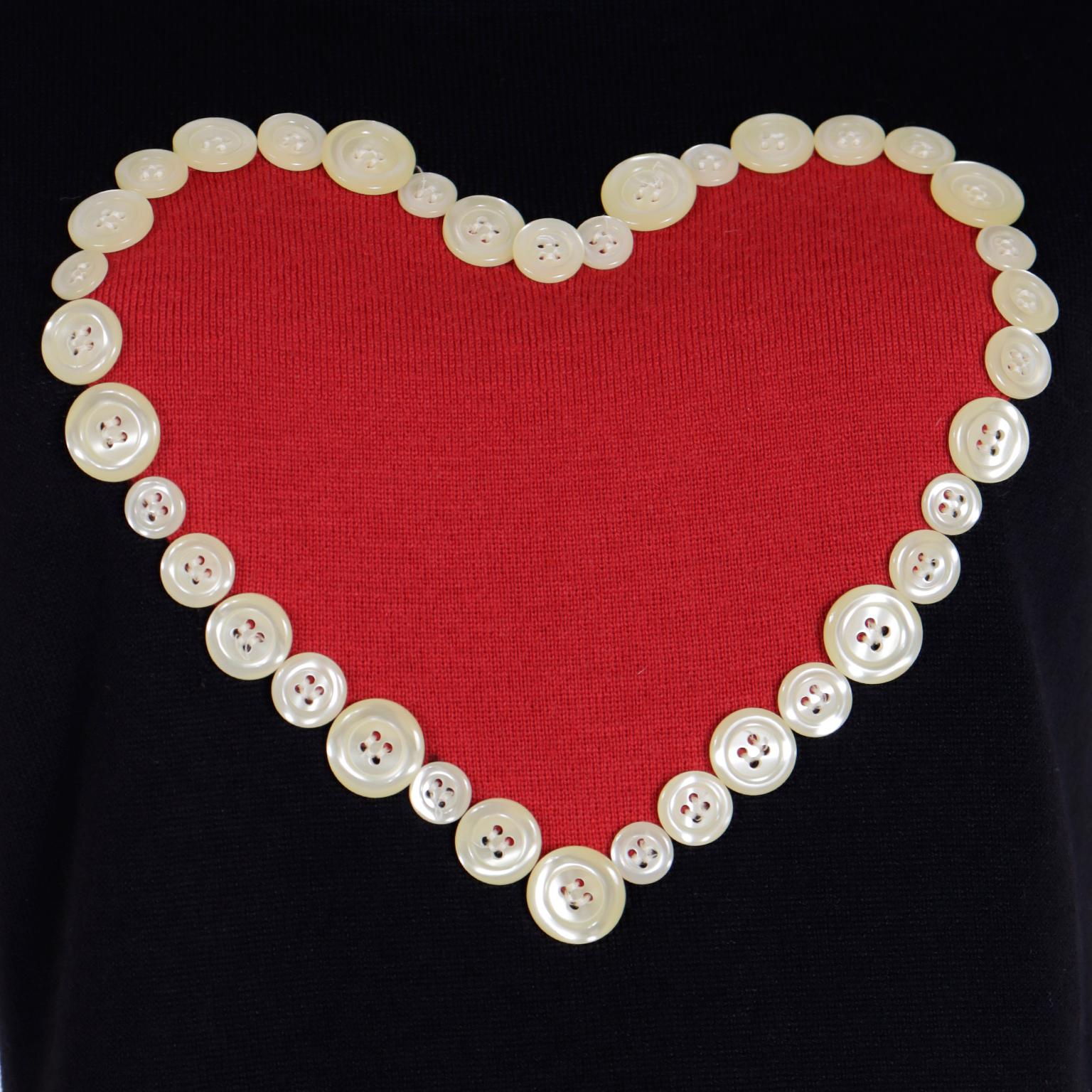 Franco Moschino 1990s Vintage Black Knit Sleeveless Top w Red Heart & Buttons For Sale 1