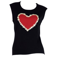 Franco Moschino 1990s Vintage Black Knit Sleeveless Top w Red Heart & Buttons