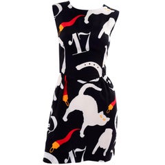 Franco Moschino 1990s Vintage Pop Art Black & White Dress Lucky Icons & Cats