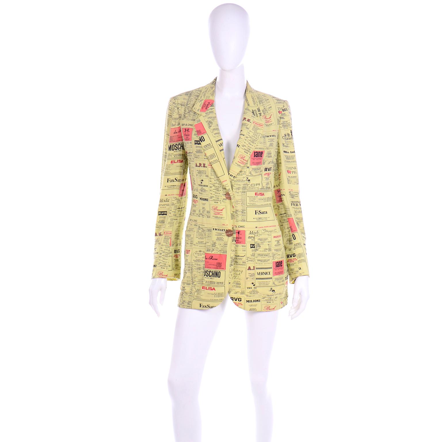 This important vintage 1990's Cheap and Chic by Moschino novelty printed blazer is one of Franco Moschino's iconic designs! The yellow pages print spoofs designer labels by giving them different names.. Chanel is Cocco Che Bel, Hermes is Charmes,