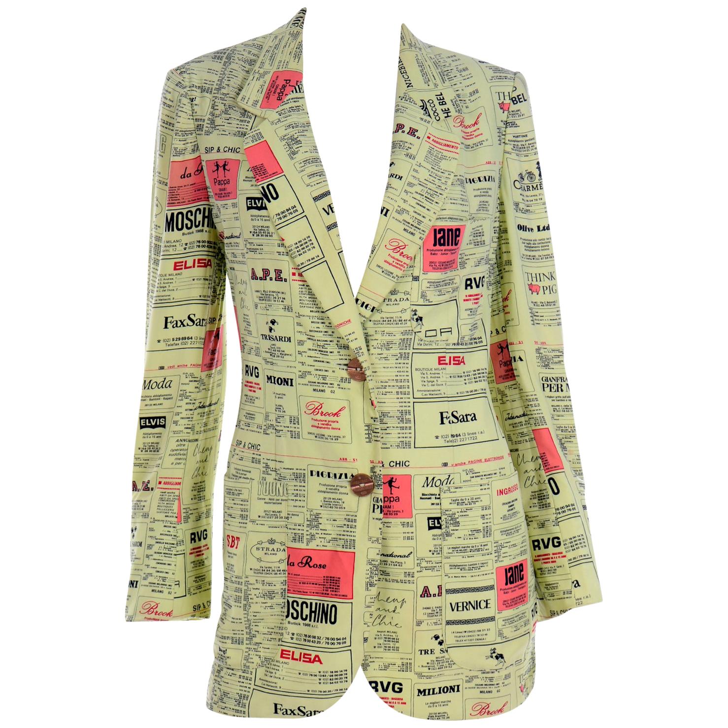 Franco Moschino 1990s Yellow Pages Blazer Jacket W Spoofs on Designer Labels