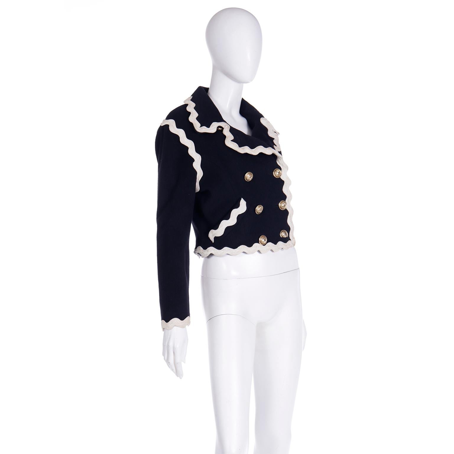 Women's Franco Moschino Black Cropped Wool Jacket w Cream Rickrack & Gold CC Buttons
