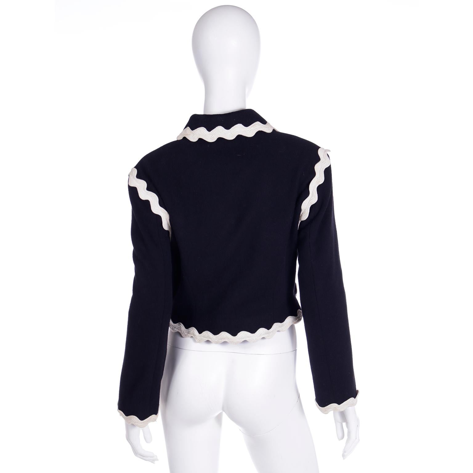 Franco Moschino Black Cropped Wool Jacket w Cream Rickrack & Gold CC Buttons 1
