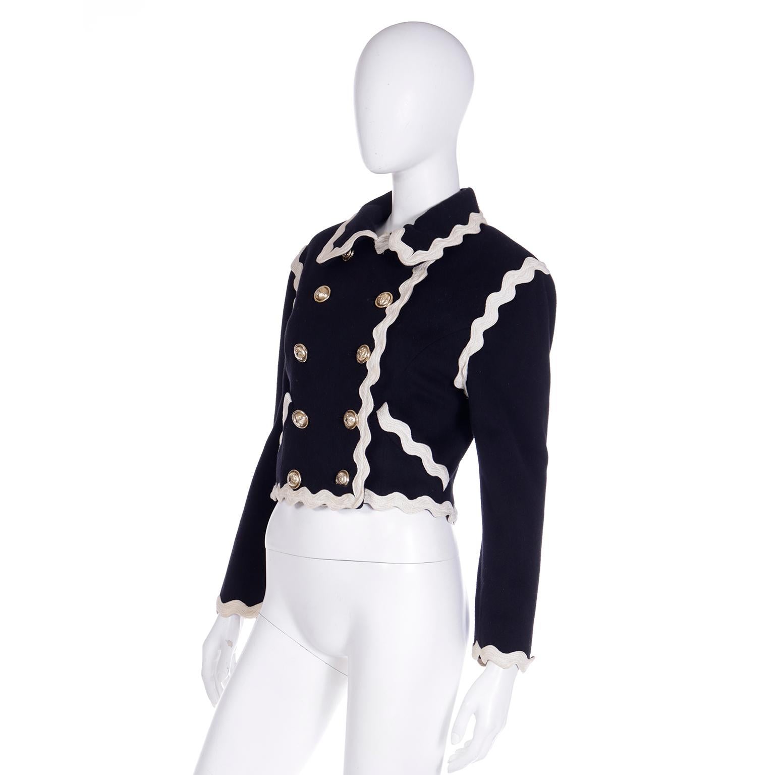 Franco Moschino Black Cropped Wool Jacket w Cream Rickrack & Gold CC Buttons 2