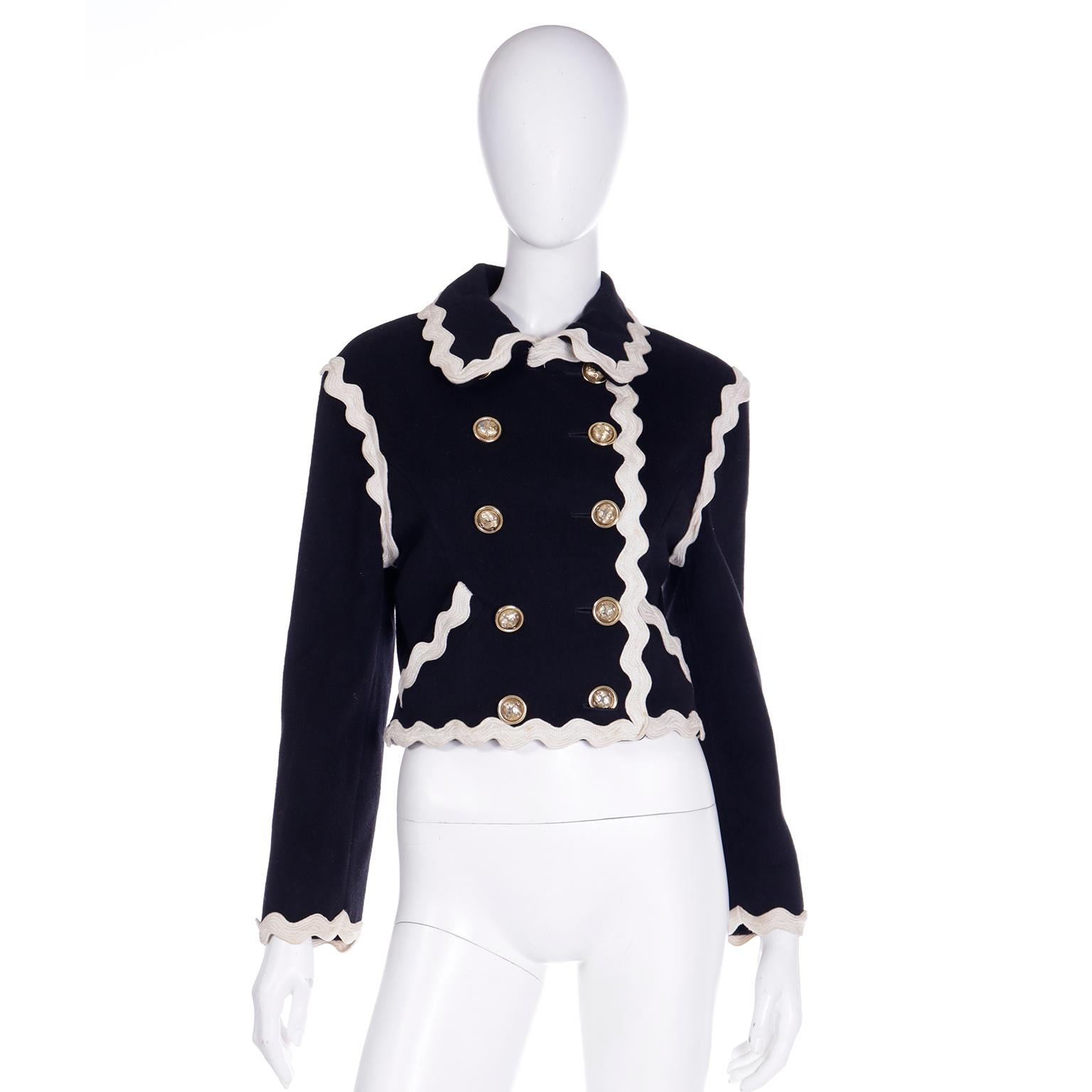 Franco Moschino Black Cropped Wool Jacket w Cream Rickrack & Gold CC Buttons 3