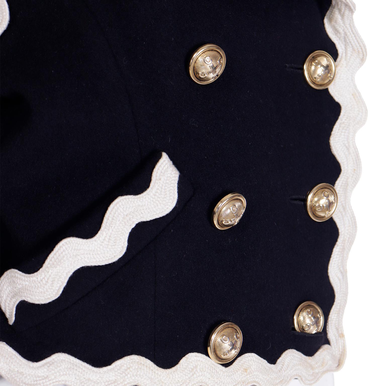 Franco Moschino Black Cropped Wool Jacket w Cream Rickrack & Gold CC Buttons 5