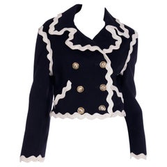 Franco Moschino Black Cropped Wool Jacket w Cream Rickrack & Gold CC Buttons
