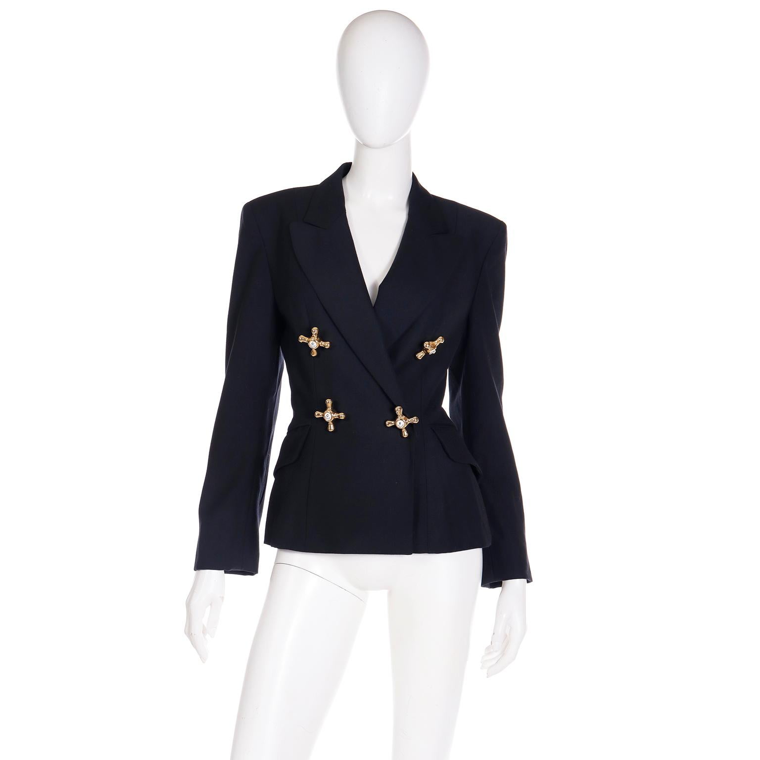 Franco Moschino Black Jacket With Water Faucet Handle Buttons In Excellent Condition In Portland, OR