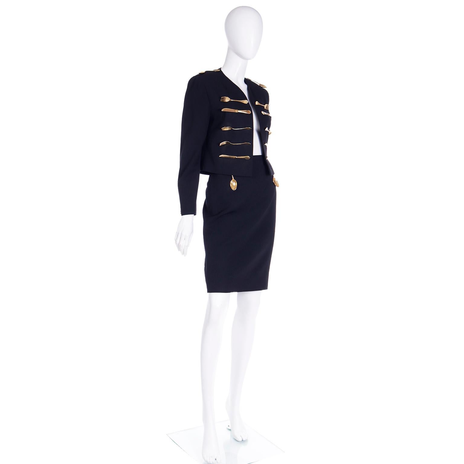 Franco Moschino Couture Dinner Suit Vintage Forks Knives & Spoons Skirt & Jacket In Excellent Condition In Portland, OR