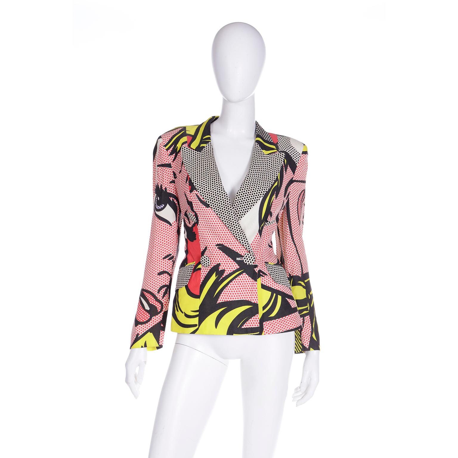 This iconic 1991 Franco Moschino Roy Lichtenstein pop art jacket is one of our favorite vintage Moschino pieces. This is also one of the most iconic Moschino prints and it was also used in tops and in a dress.  We really love the playful use of dots