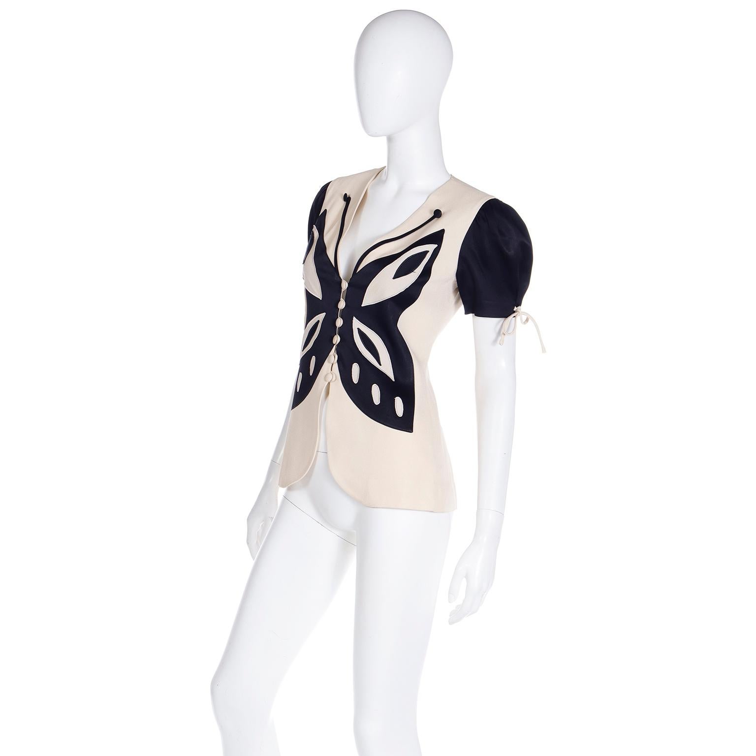 Beige Franco Moschino Vintage Butterfly Applique Short Sleeve Jacket or Top For Sale