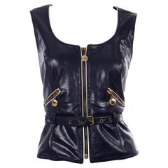 Franco Moschino Vintage Navy Blue Faux Leather Vest With Gold Heart Zipper Pulls