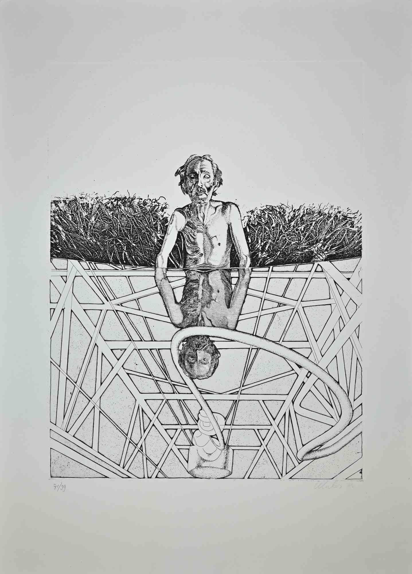 Man gets wet in the pond of Ottana is an original artwork realized in 1974 by Franco Mulas.

Black and white etching 

Hand signed, dated and numbered by artist with pencil.

Edition of 71/99.

Good conditions except for very light folds along the