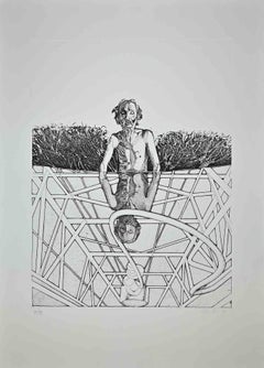 Uomo si bagna nello stagno di Ottana - Acquaforte originale di Franco Mulas - 1974