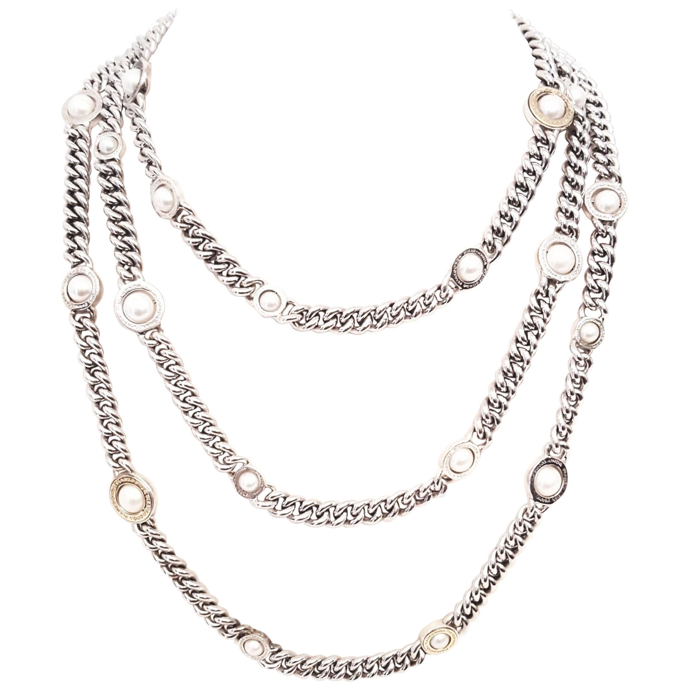 Franco Pianegonda Sterling Silver and 18 Karat Pearl Three-Strand Necklace