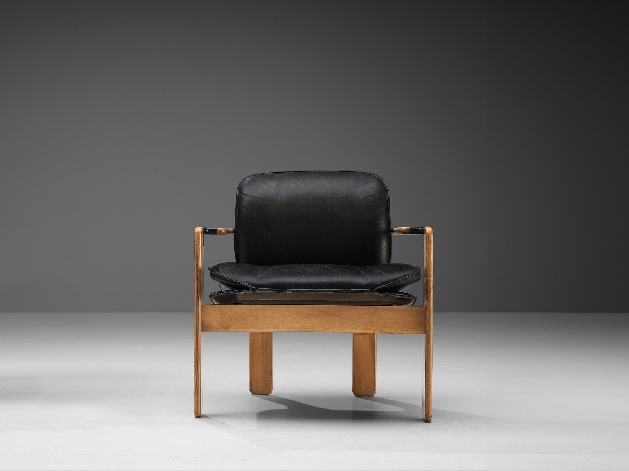 Metal Franco Poli for Bernini 'Dueacca' Armchair in Walnut and Leather